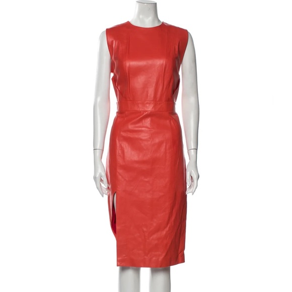 MUGLER Crew Neck Midi Length Leather Dress Size: L | US10, FR42 - Picture 2 of 5